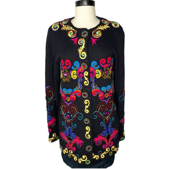 Michael Simon Embroidered Beaded Embellished Cardigan Sweater Multicolor VTG M - Picture 1 of 14